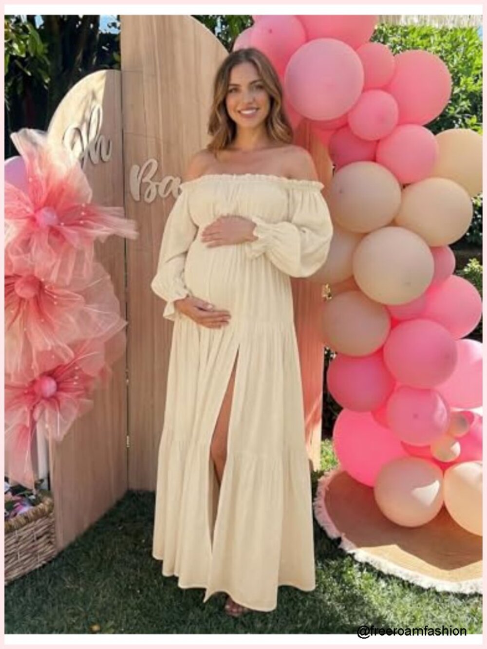 Off Shoulder Maxi Dress with Puff Sleeves and Side Split - Flowy A-Line, High - Picture 5 of 6
